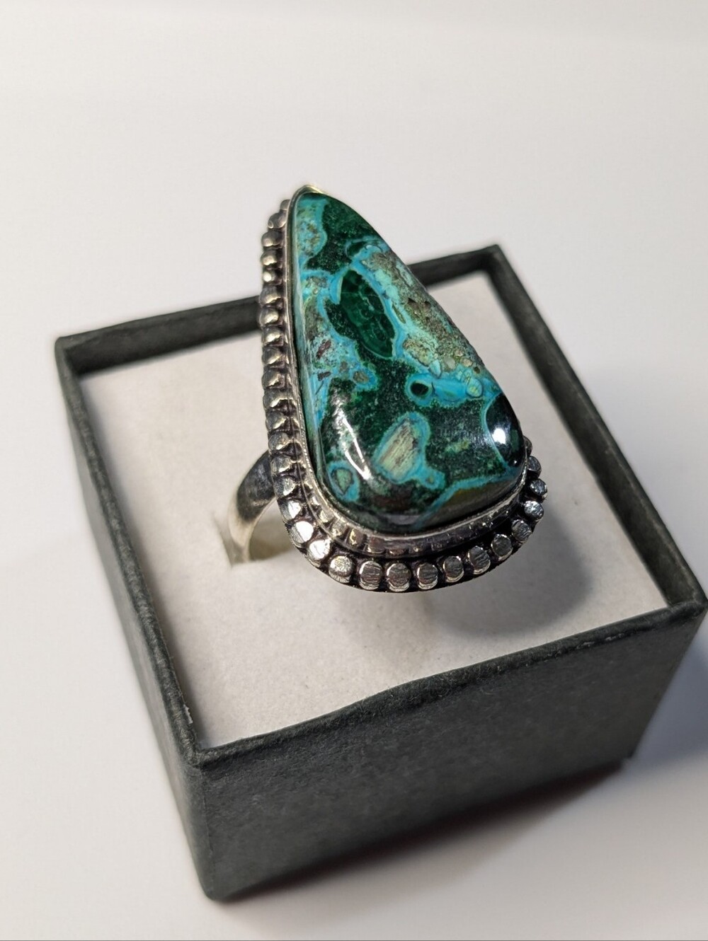 Handcrafted Azurite In Malachite Teardrop Ring (8)